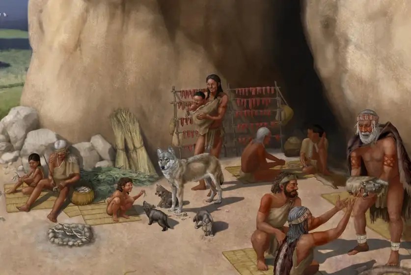 Artists rendering showing ancient villagers with several dogs.